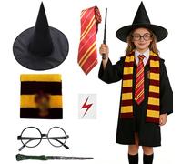 HIULLEN 7 Pcs Wizard Costume Set, Wizard Cape Costume Accessories Set, Wizard Costume Accessories Set, Wizard Cosplay Outfit with Cape Wand Tie Glasses Scarf Frame Sticker for Carnival World Book Day