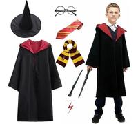 HIULLEN 7PCS Wizard Costume Kids, Wizard Costume Accessories Set, Wizard Cosplay Outfit with Wizard Cape Wand Tie Glasses Scarf Frame Sticker for Halloween Carnival Cosplay Party World Book Day