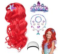 HIULLEN 8Pcs Mermaid Costume Wig Set, Princess Red Long Curly Wig Hair, Mermaid gifts for girls, Ariel Mermaid Wig with Jewelry Accessories for Girl Cosplay Carnival Birthday Masquerade