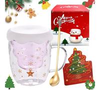 HIULLEN Christmas Tree Coffee Mugs, Double-Walled Sweet Christmas Tree Coffee Glass Mug, 300ml Tea Cup, Cappuccino Latte Macchiato Glasses Cups with Lid Handle for for Xmas Gift Milk Juice, Pink