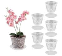 HIULLEN Clear Orchid Pot, 5 Pcs 16cm Plastic Plant Pots with Drainage Hole and Tray, Seed Seedling Pots, House Plant Pots, Nursery Pots for Orchid Repotting Kit