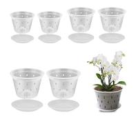 HIULLEN Clear Orchid Pot, 6pcs 12cm 13.5cm 16cm Plastic Plant Pots with Drainage Hole and Tray, Seed Seedling Pots, House Plant Pots, Nursery Pots for Orchid Repotting Kit