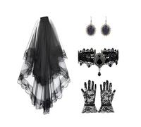 Hiuyavy Black Bride Veil for Women, 4 Pack Halloween Costume Set, Adjustable Ladies Necklace, Printing Tulle Lace Gloves and a Pair of Earring for Halloween Costume