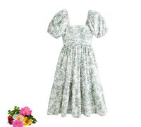 Hivebabe Dress, Puff Sleeve Midi Dress,Flowy Beach Floral Ruffle Midi Dresses with Pockets Dress, WFFUO, Light Green, m