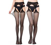 HIVETZ Women's Black High Waist Crotchless Fishnet Tights, Semi-transparent, Suspender Tights, Fishnet Lace Patterned Garter Thigh High Stockings, Plus Size, S, M, L, XL