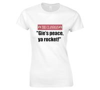 HiViz Kings Still Game Scottish Humour Ladies T-Shirt, Gie's Peace Ya Rocket Design (UK, Alpha, M, Regular, Regular, White)