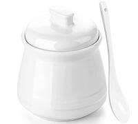 hiwafifi Ceramic Sugar Bowl with Lid and Spoon, 12oz Farmhouse Sugar Jar, Porcelain Sugar Container for Coffee Bar, Kitchen Countertop, Sugar Pot for Salt Creamer, Dishwasher Safe, White