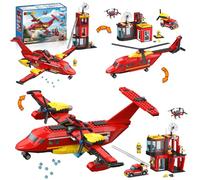 HiWEEGO 3 IN 1 City Fire Rescue Plane Building Set, 803 PCS Airplane Building Blocks Kits Toys with Helicopter Fire Station & Truck, Birthday for 6+ Kids Boys Girls Fans of Firefighter