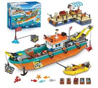 HiWEEGO City Fishing Boat Shipyard Boat Construction Kit - Floating Building Kit Ocean Ship Building Block with Speedboat Crane Containers Toy Birthday Gift for 6 7 8+ Boys Children Girls 762 Pieces
