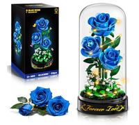 HiWEEGO Flowers Building Set with LED Light & Cover - 219 PCS Rose Birthday Gift for Her Girlfriend 3.6MM Artificial Bouquet Botanical Collection Mini Building Block Toy Home Decors (Blue)