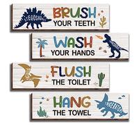 HIWERAN 4 Pcs Watercolor Dinosaur Bathroom Wall Decor Signs, Funny Bathroom Rules Wood Hanging Sign Toilet Restroom Wall Decor, Inspirational Dinosaur Wall Art Signs for Boys-8