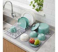 HiWODO 2-in-1 Dish Drainer Rack with Dish Drying Mat for Kitchen Counter,Space Saving Dish Rack with Foldable Sink Drainer Mat,15.6x14.9 inch Quick-Drying Draining Board Mat and Plate Rack(Grey White)
