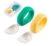 HIWOOD Baby Self Feeding Training Spoon and Fork Set with Travel Case, BPA-Free Cute Circle Toddler Training Utensils, Silicone/ABS Great Tableware Set Spoons Fork for Kids(Deep Green & Light Yellow)