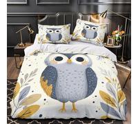 HIWQCGTAS Cute owl illustration 3D Print Duvet Cover 3pc Premium Microfibre Easy Care Cartoon animal design Quilt Cover 2 Pillowcases Concealed Zipper Bedding Couples Families Single（140x200cm）