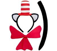 Hiwtonk 3PCS Cat Costume Set - Stovepipe Hat Red White Ear Headband with Bow Tie and Tail for Women Grils Halloween Book Week Cosplay Accessories