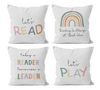 HIWX Let's Read Play Reading Is Always a Good Idea Decorative Pillowcase Throw Pillow Cover, Boho Rainbow Book Inspirational For Sofa Bed Kids Room Nursery Home Decor 18 x 18 Inch Set Of 4 Pillow Case