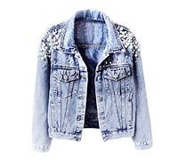 Hixiaohe Women's Vintage Embroidered Rivet Pearl Denim Jacket Short Jean Coat, Light Blue, S