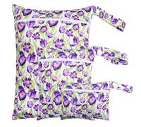 Hixingo 3-Pieces Floral Style Wet Bag, Large Waterproof Wet Dry Bag, Reusable Nappy Stuff Sack with Zipper, Portable Children's Items Dry Sack, for Clothes,Swimming,Travel,Beach (Green Leaves)