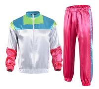 Hixingo 80s 90s Disco Outfit Plus Size for Women Men, Disco Outfit His and Hers Men Women Retro Tracksuit Set 80s 90s Height of Fashion Shell Suit Costume for Theme Party (A43 White Pink,L)