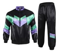 Hixingo 80s 90s Disco Outfit Plus Size for Women Men, Disco Outfit His and Hers Men Women Retro Tracksuit Set 80s 90s Height of Fashion Shell Suit Costume for Theme Party (A43 Black,XXL)