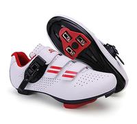 Hixingo Cycling Shoes Mens Womens, Striped MTB Bicycle Shoes Sneaker Road Bike Breathable Mountain Shoes Spin Shoestring with Compatible Cleat Shoe, SPD/SPD-SL Compatible White Red