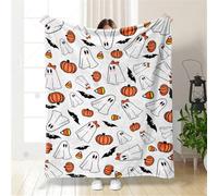 Hixingo Halloween Ghost Pumpkin Flannel Throw Blanket, Soft Cozy Fluffy Warm Blanket Sofa Throw Bedding for Couch and Bed, Halloween Blankets Throws, Halloween Decorations (White,100x150cm)