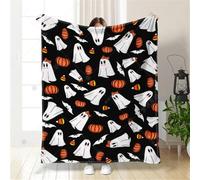 Hixingo Halloween Ghost Pumpkin Flannel Throw Blanket, Soft Cozy Fluffy Warm Blanket Sofa Throw Bedding for Couch and Bed, Halloween Blankets Throws, Halloween Decorations (Black 1,100x150cm)