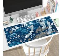 Hixingo Japanese Waves Mouse Mat, Gaming Mouse Pad, Large Mouse Mat, Mousepad with Stitched Edges, Non-Slip Rubber Base Mouse Pads for Office & Home (800x300x3mm,White Crane)
