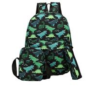 Hixingo Kids Backpack 3 Piece Set Boys Girls, Character Print School Backpacks Children Liqhtweight and Breathable School Book Bag for Sports Travel Holiday (Green Dinosaur,15.6L)