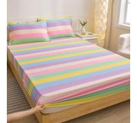 Hixingo King Size Fitted Sheets Extra Deep Pocket, Small Double Fitted Sheet Soft Nordic Bed Sheets with 2 x Pillowcases, Shrinkage and Fade Resistant (120x200x20cm,Rainbow Stripes)