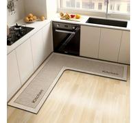 Hixingo Kitchen Rug Non Slip Washable L Shaped Corner Sink Kitchen Mat, Modern Style Printed Absorbent Quick-Drying Diatom Mud Floor Mat for Bathroom, Laundry Room (Beige,120x120cm)