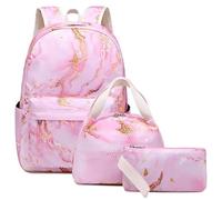 Hixingo School Bag, Kids Backpack 3 in 1 Sets for Girls&Boy with Lunch Bag and Pencil Case, Marble Print Rucksack for School Sports Travel Holiday Teenagers Bags (Light Pink,30x15x42cm)