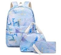 Hixingo School Bag, Kids Backpack 3 in 1 Sets for Girls&Boy with Lunch Bag and Pencil Case, Marble Print Rucksack for School Sports Travel Holiday Teenagers Bags (Blue Purple,30x15x42cm)