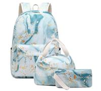 Hixingo School Bag, Kids Backpack 3 in 1 Sets for Girls&Boy with Lunch Bag and Pencil Case, Marble Print Rucksack for School Sports Travel Holiday Teenagers Bags (White Blue,30x15x42cm)
