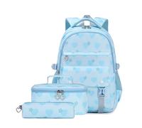 Hixingo School Bags for Girls Backpack Sets Boys 3 in 1 Large Capacity School Backpack with Backpack Lunch Bag and Pencil Case, for Teenage Primary Secondary Junior High School (Blue Heart)