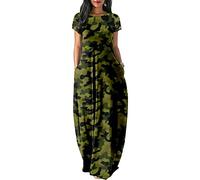 Hixingo Womens Summer Maxi Dress 3D Fashion Boho T Shirt Dresses Short Sleeve Round Neck Loose Casual Party Beach Swing Flowy Leisure Long Dress for Ladies Army Green Camo