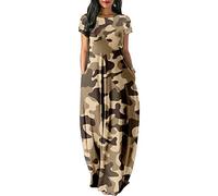 Hixingo Womens Summer Maxi Dress 3D Fashion Boho T Shirt Dresses Short Sleeve Round Neck Loose Casual Party Beach Swing Flowy Leisure Long Dress for Ladies Khaki Camo