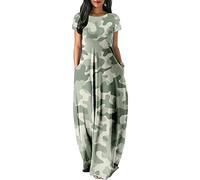 Hixingo Womens Summer Maxi Dress 3D Fashion Boho T Shirt Dresses Short Sleeve Round Neck Loose Casual Party Beach Swing Flowy Leisure Long Dress for Ladies Green Camo