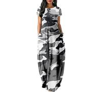 Hixingo Womens Summer Maxi Dress 3D Fashion Boho T Shirt Dresses Short Sleeve Round Neck Loose Casual Party Beach Swing Flowy Leisure Long Dress for Ladies Grey Camo