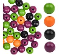 HIXNUG 160 Pieces Colorful Wood Beads Halloween Black Orange Purple Green Wood Bead Natural Wooden Round Beads for Halloween DIY Decoration