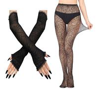 HIXNUG 2 Pairs Spiderweb Tights With Spider Web Gloves - Black Tight Fishnet Stocking Warmer Long Fingerless Gloves