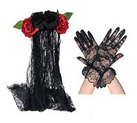 HIXNUG 2 Pieces Day of the Dead Bride Veil with Lace Gloves Sexy Masquerade Mask Black Veil for Halloween Bridal Wedding
