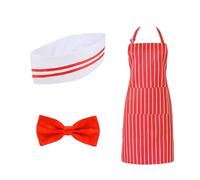 HIXNUG 3pcs 1950s Waiter Costume Kit Chef Hat Red and White Striped Apron Bow Tie for 1950s Christmas Party Cosplay