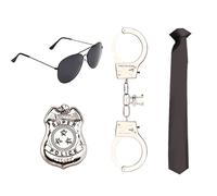 HIXNUG 4Pcs Police Fancy Dress Police Handcuffs Badge Black Tie and Sunglasses Halloween Party Dress Up Police Role Play Costume