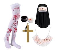 HIXNUG 5pcs Zombie Sister Costume Nun Headpiece Crossing Necklace Collar Socks Fake Blood Nun Outfit for Halloween Cosplay Party