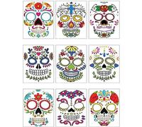 HIXNUG 9 Pcs Halloween Face Temporary Tattoos Day of the Dead Face Tattoos Stickers Sugar Skull Costume Makeup Tattoos Face Decorations for Halloween Cosplay Horror Parties