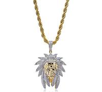 hixswnu Hip Hop Iced Out Bling Indian Chief Avatar Pendant with 18K Gold Plated Chain Necklace, Uni Wear for Stylish Individuals