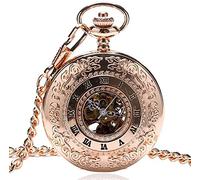 hixswnu Rose Gold Skeleton Pocket Watch Unique Roman Numeral Mechanical Hand-Wind Vintage Design