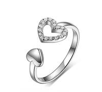 hixswnu Silver Adjustable Open Ring with Heart and Angel Wing Design for Women - Anti-Anxiety Stress Relief Ring in Silver Color