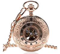 hixswnu Vintage Rose Gold Skeleton Pocket Watch: Roman Numerals, Mechanical Hand-Wind, Unique Design